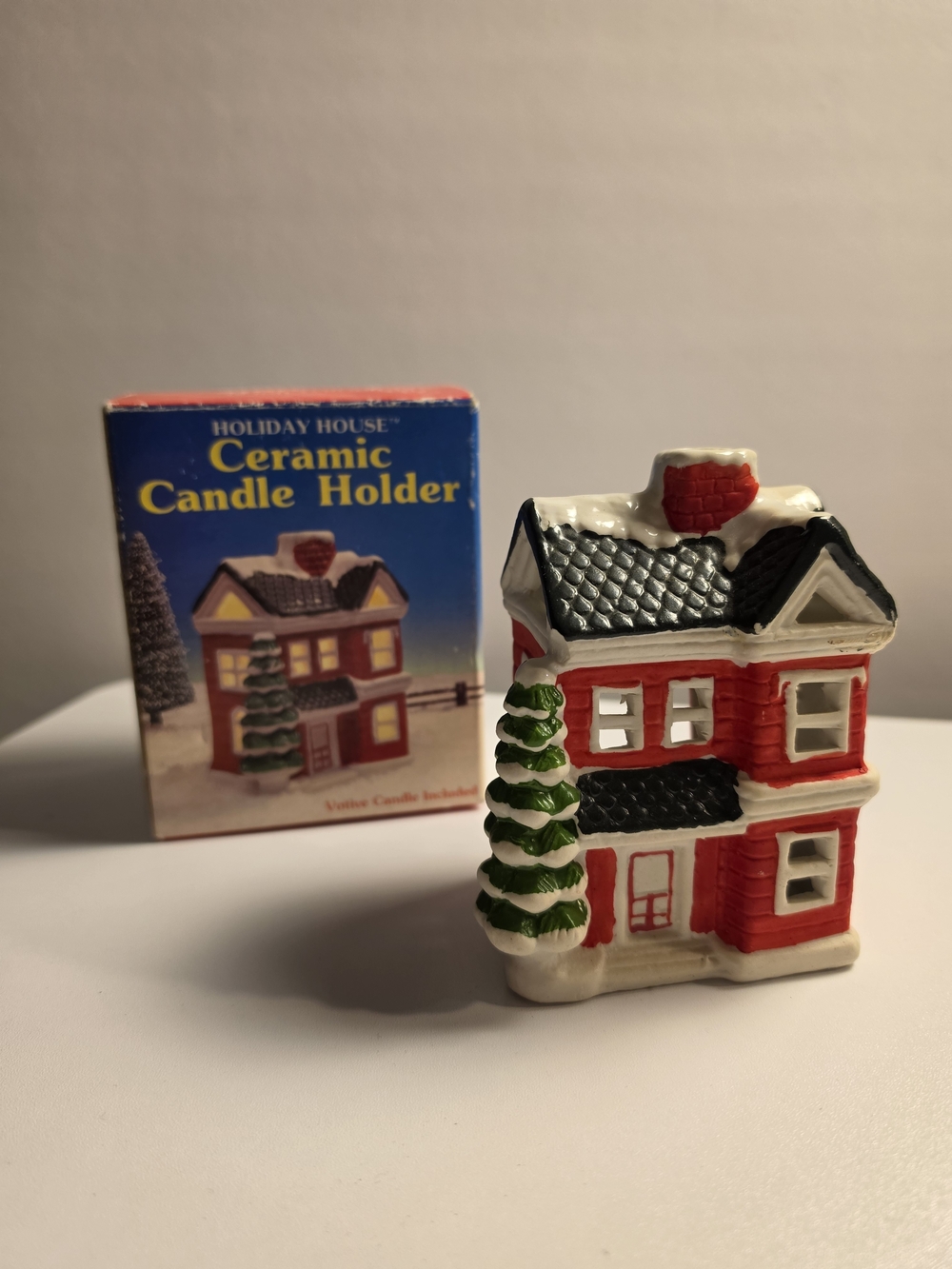 Vintage Holiday House Ceramic Painted Tealight Candle Holder